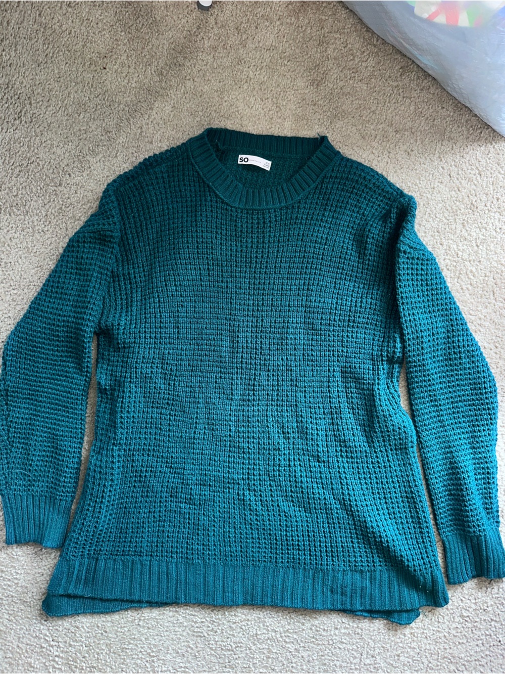 SO Teal Green Waffle Knit Crewneck Tunic Sweater